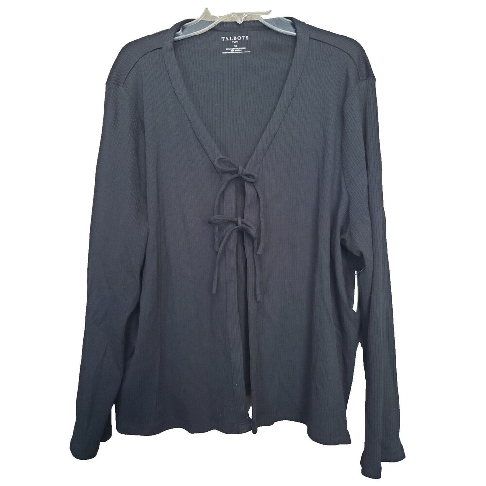 Talbots Plus Black Cotton/Modal Ribbed Tie-Front Long Sleeve Cardigan Sz 3X NWT